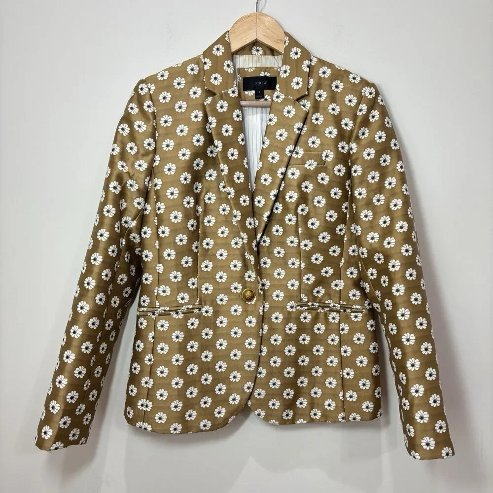 J. Crew Women Campbell Blazer 6 Gold Jacquard Floral Preppy Academic Maximalist